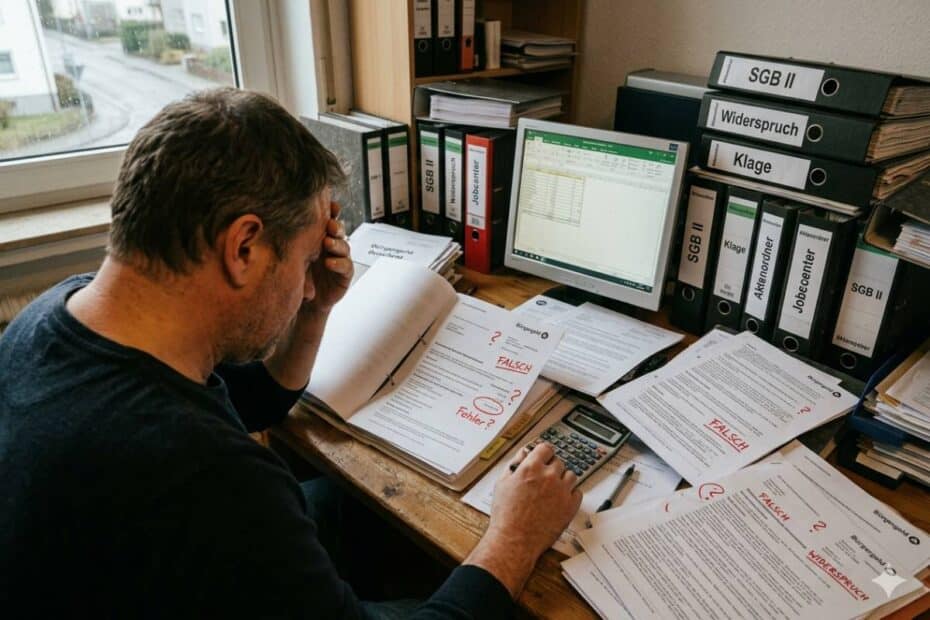 Ein frustrierter Mann am Schreibtisch prüft einen fehlerhaften Bürgergeld-Bescheid mit roten Korrekturen, Fragezeichen und einem deutlichen "Widerspruch"-Vermerk.