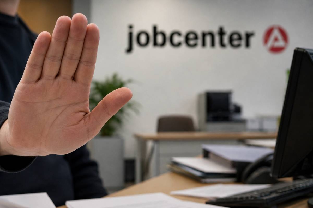 Nahaufnahme einer Hand in Stopp-Geste vor einem unscharfen Hintergrund mit Jobcenter-Logo und Büro-Arbeitsplatz.