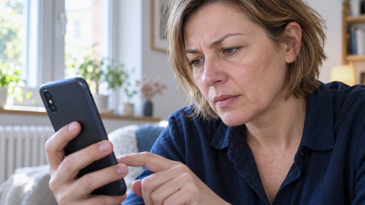 Eine Frau bedient mit konzentriertem Blick ihr Smartphone in einer Wohnung.
