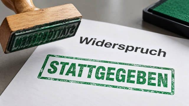 Grüner Stempel „Stattgegeben“ auf einem Widerspruch gegen einen Jobcenter-Bescheid