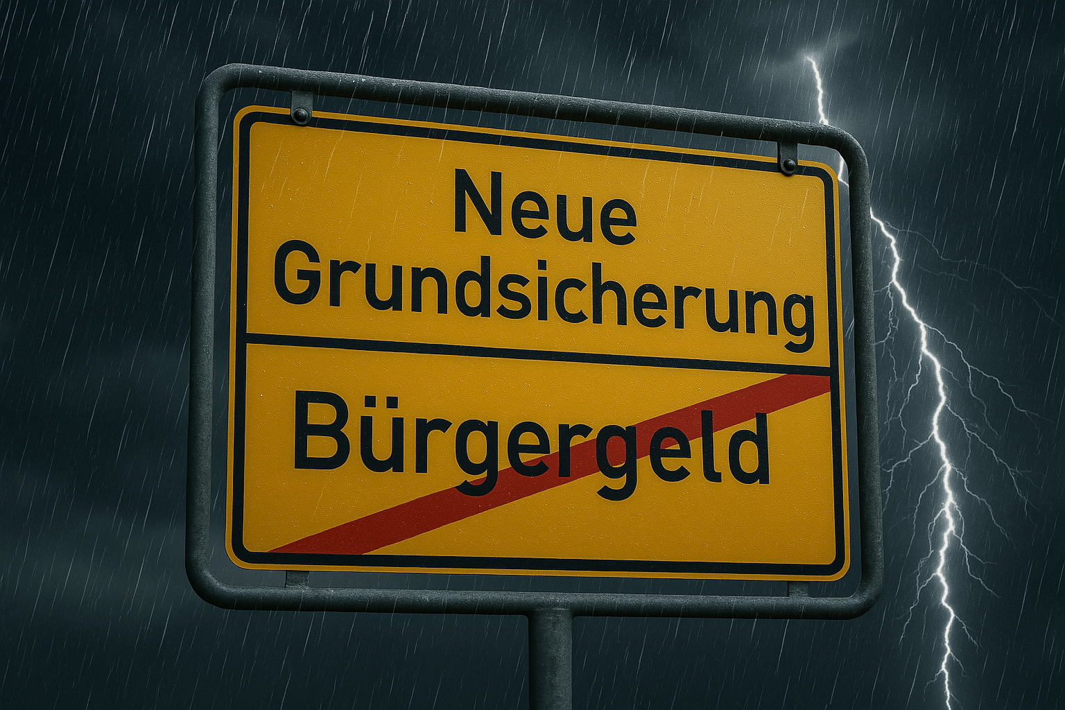 Ortschild Bürgergeld durchgestrichen in Richtung Neue Grundisicherung bei Gewitter.
