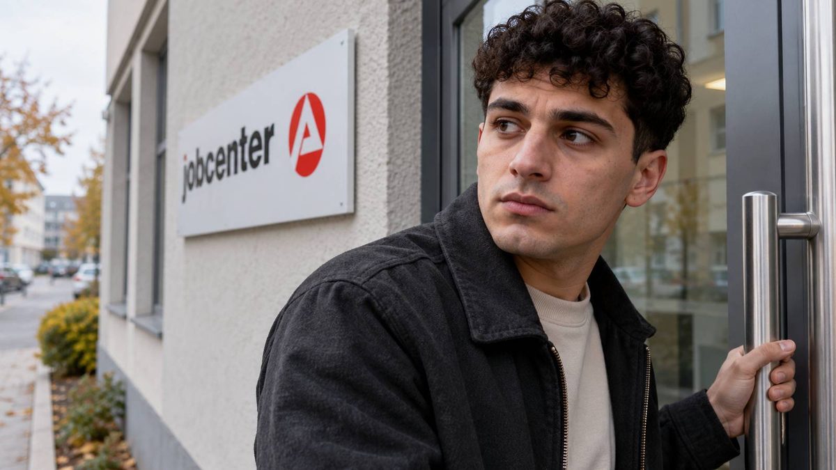 Junger Mann an der Glastür eines Jobcenters blickt zur Seite.