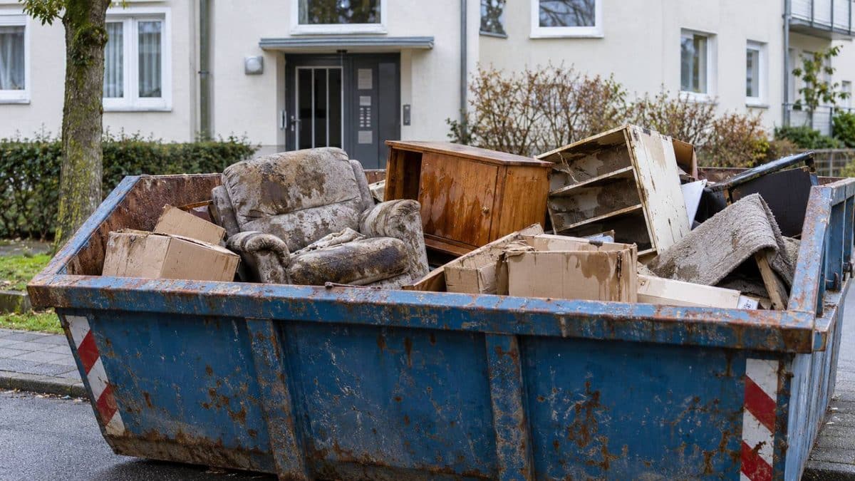 Mit beschädigten Möbeln gefüllter Entsorgungscontainer vor einem Mehrfamilienhaus.