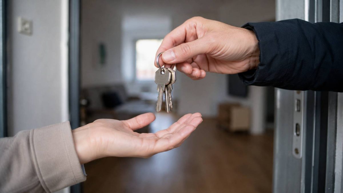 Wohnungsschlüssel werden an einer Haustür übergeben – Untervermietung bei zu hohen Bürgergeld-Wohnkosten