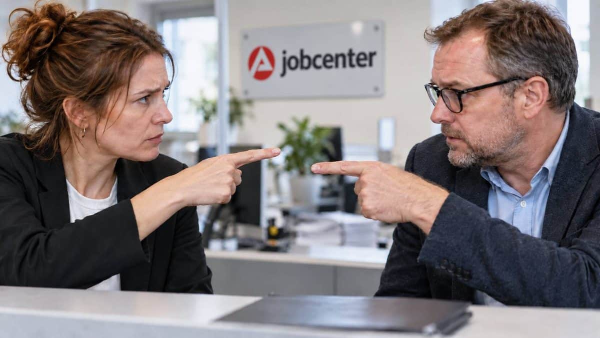 Zwei Jobcenter-Mitarbeiter zeigen im Streit um die Zuständigkeit aufeinander