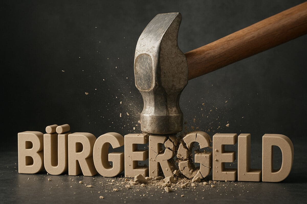 Illustration: Hammer zerschmettert "Bürgergeld", symbolisch für Neue Grundsicherung