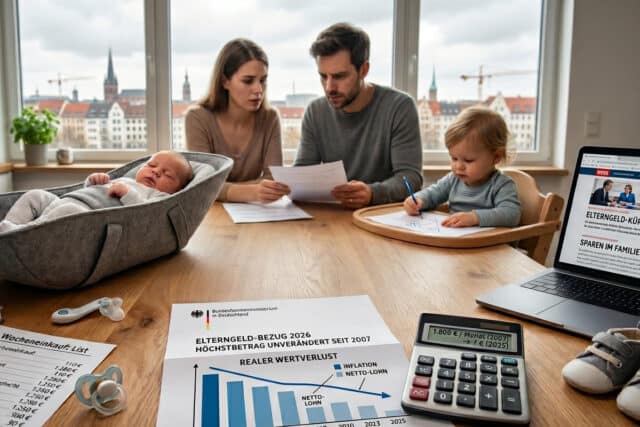 Illustration einer Familie am Küchentisch mit Dokumenten zum Elterngeld-Bezug 2026, einem Laptop und einem Taschenrechner zum Thema Kaufkraftverlust.