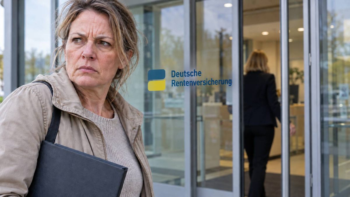 Verärgerte Frau verlässt mit einer geschlossenen Mappe ein modernes Verwaltungsgebäude.