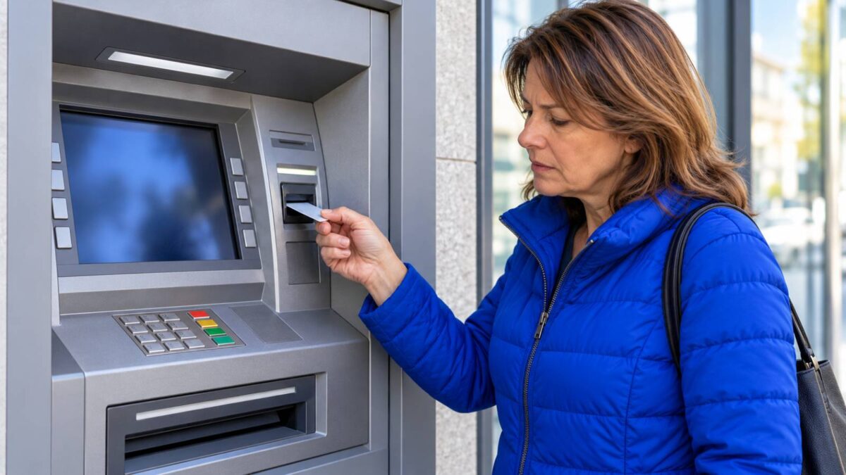 Frau in blauer Jacke zieht ihre Bankkarte aus einem Geldautomaten.