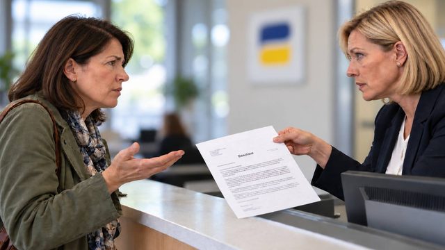 Frau spricht am Schalter der Rentenversicherung mit einer Mitarbeiterin, die einen Bescheid hält