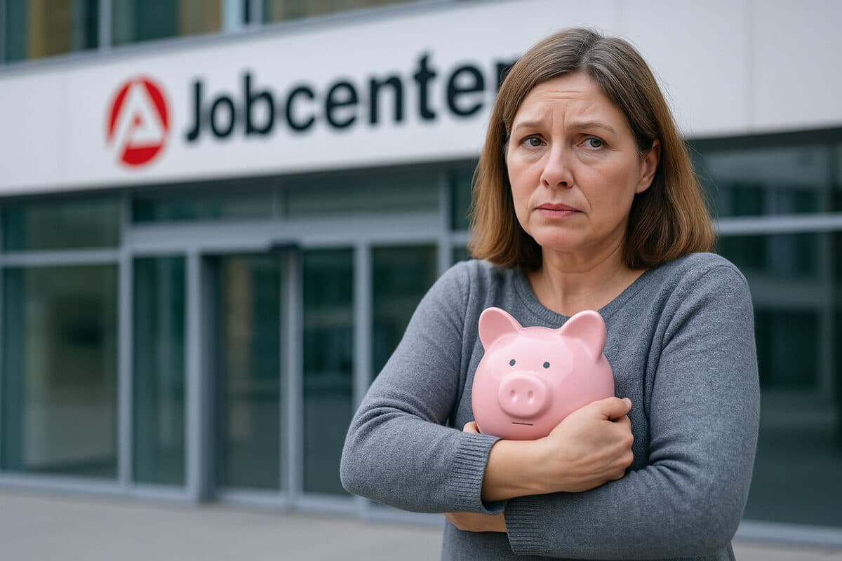 Frau steht vor dem Jobcenter und umklammert ihr Sparschwein