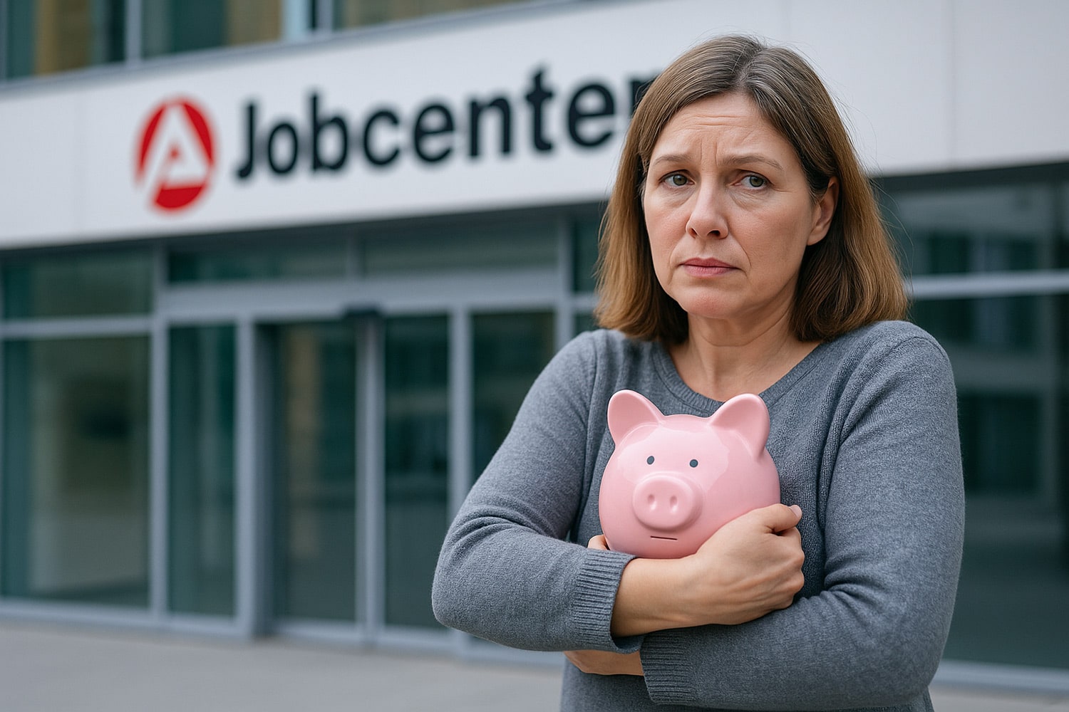 Frau steht vor dem Jobcenter und umklammert ihr Sparschwein