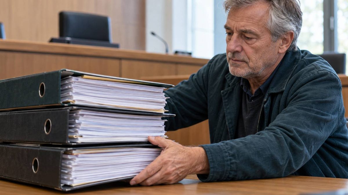 Mann stellt drei dicke Aktenordner auf einen Tisch im Gerichtssaal.