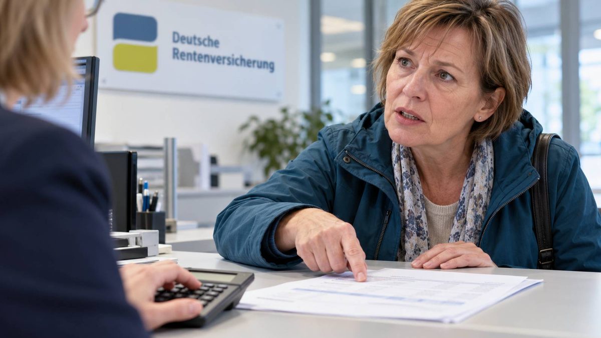 Frau zeigt am Schalter der Deutschen Rentenversicherung auf eine Berechnung, während eine Mitarbeiterin einen Taschenrechner bedient.