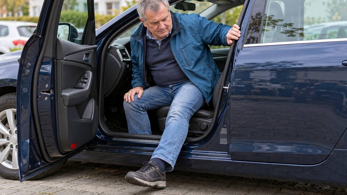Mann steigt mit gestrecktem linken Bein vorsichtig aus einem Auto mit weit geöffneter Fahrertür.