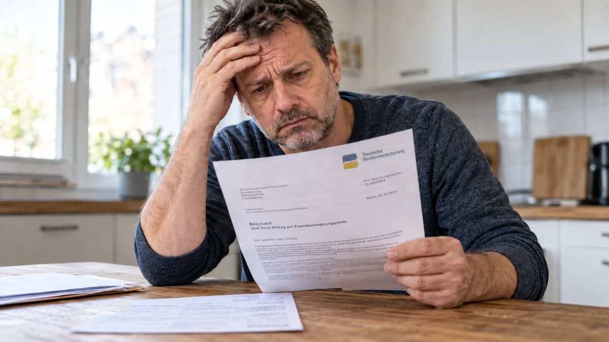 Besorgter Mann liest einen Bescheid der Rentenversicherung zur abgelehnten Erwerbsminderungsrente