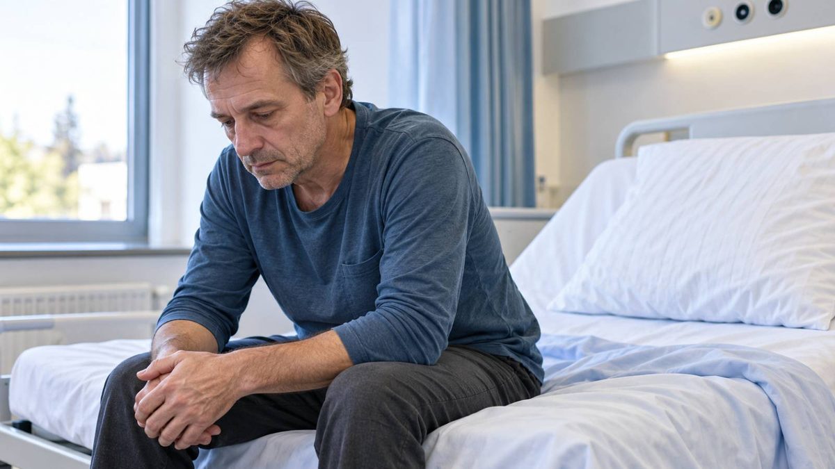 Mann sitzt mit gesenktem Blick und ineinanderliegenden Händen auf der Kante eines Klinikbetts.