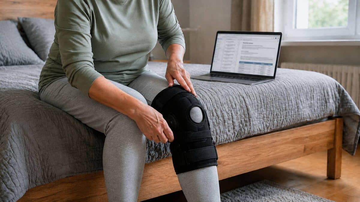 Frau mit Knieorthese sitzt neben einem geöffneten Laptop auf dem Bett