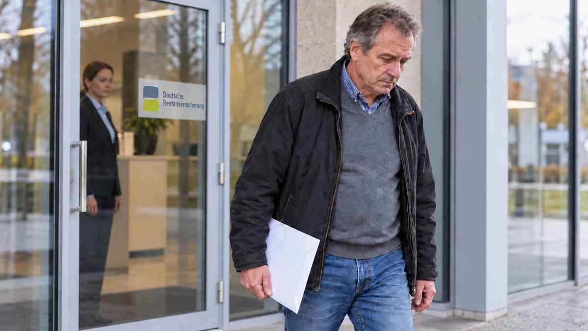 Mann verlässt mit Unterlagen den Eingang der Deutschen Rentenversicherung, während eine Mitarbeiterin hinter der Glastür steht.