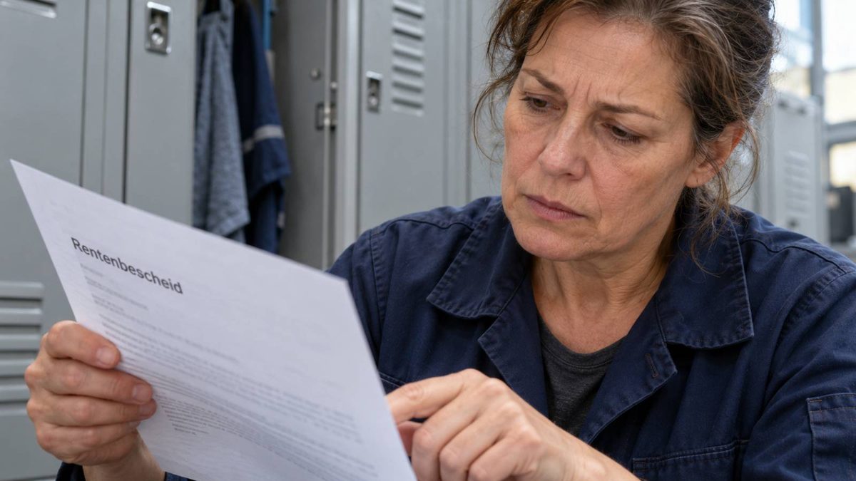 Frau in blauer Arbeitskleidung prüft einen Rentenbescheid vor Spinden.