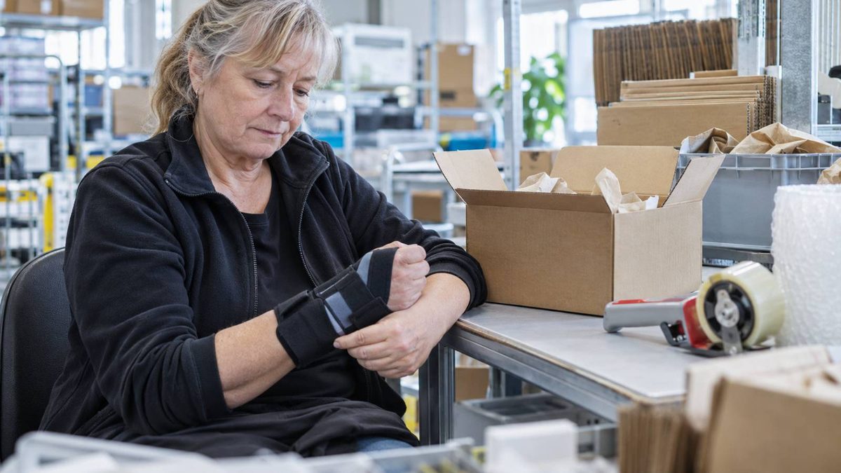 Frau mit Handschiene an einem Packtisch während einer Arbeitserprobung trotz Erwerbsminderungsrente