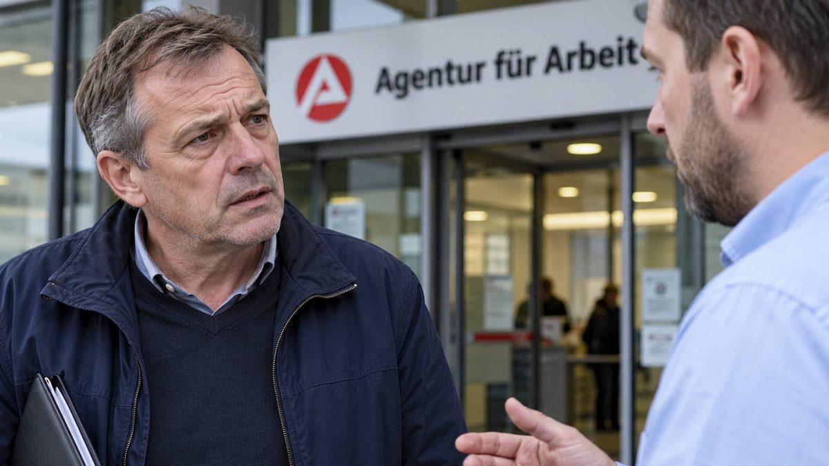 Mann mit Unterlagen im Gespräch vor dem Eingang einer Agentur für Arbeit.