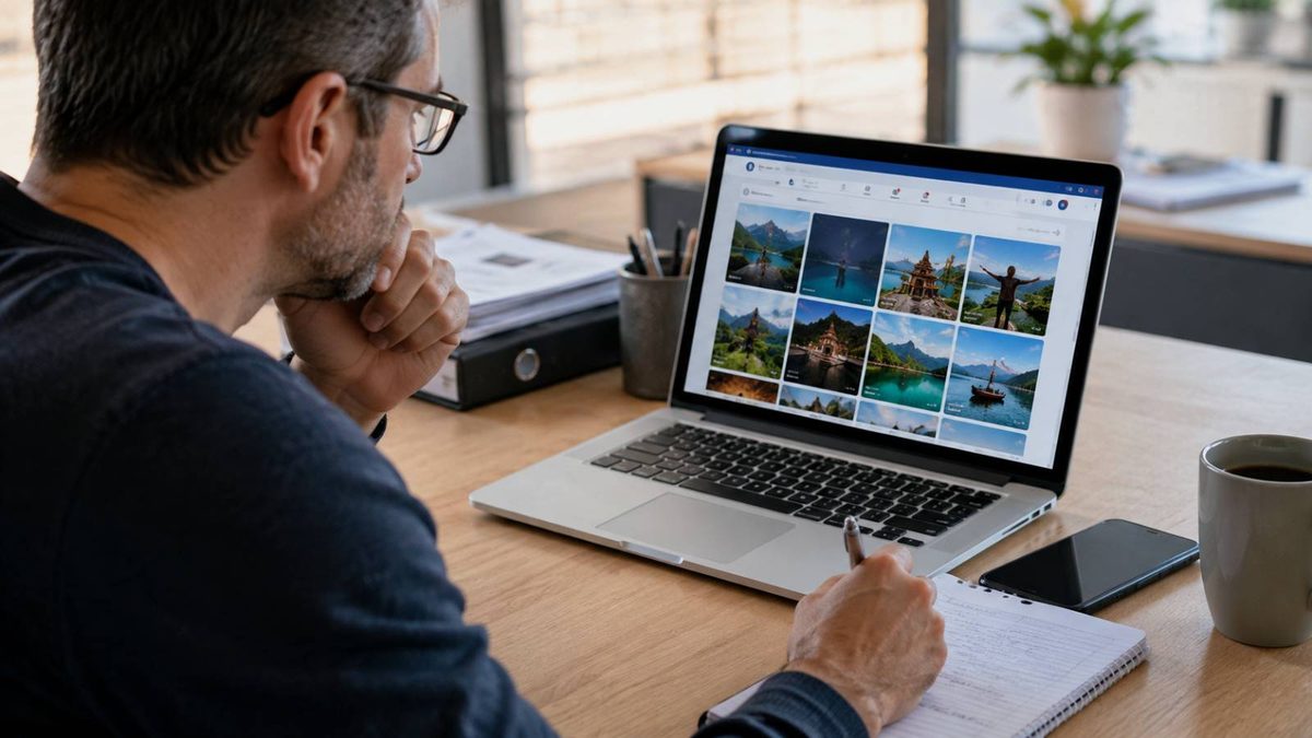 Mann prüft Reisebilder in sozialen Medien auf einem Laptop