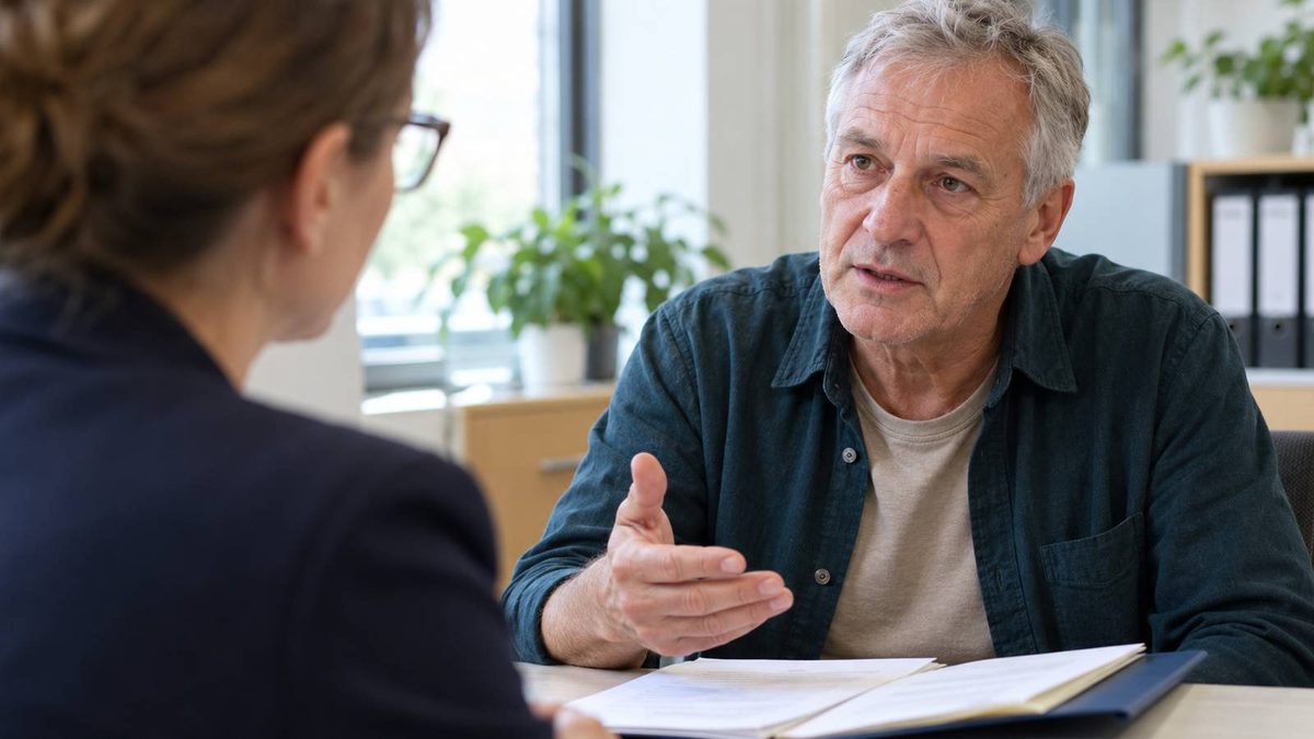 Älterer Mann spricht mit einer Mitarbeiterin an einem Schreibtisch und gestikuliert über einer geöffneten Dokumentenmappe.