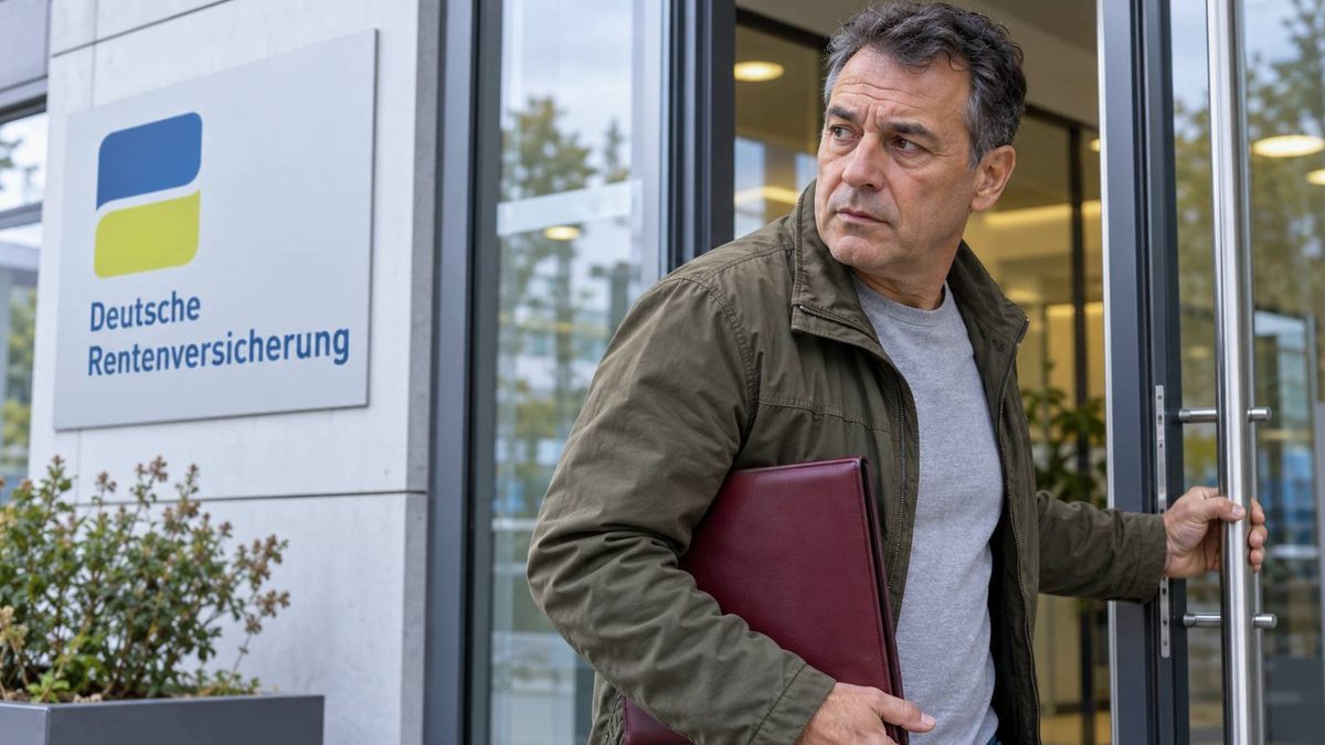 Mann mit einer Unterlagenmappe verlässt ein Gebäude der Deutschen Rentenversicherung.