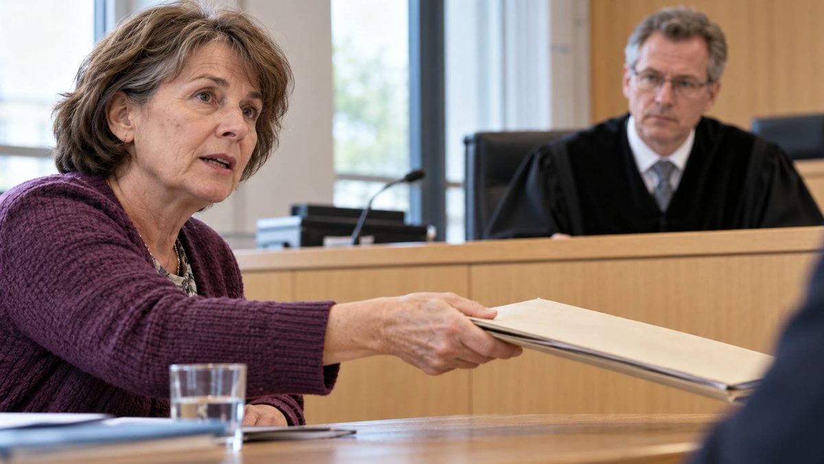 Frau reicht in einem Gerichtssaal eine Aktenmappe weiter, im Hintergrund sitzt ein Richter.