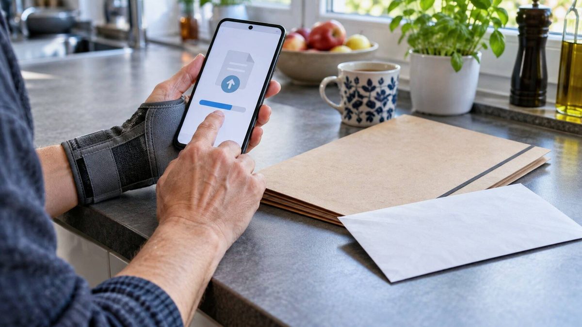 Arbeitsunfähiger Versicherter mit Handgelenkstütze übermittelt einen Rentenantrag per Smartphone
