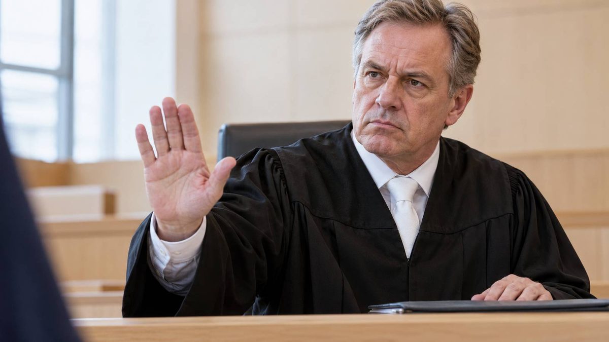 Richter in schwarzer Robe hebt mit ernstem Gesichtsausdruck abwehrend die Hand.