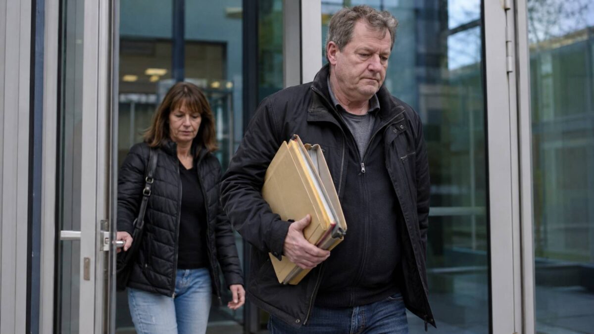 Mann und Frau verlassen mit Aktenordnern unterm Arm ein Gerichtsgebäude