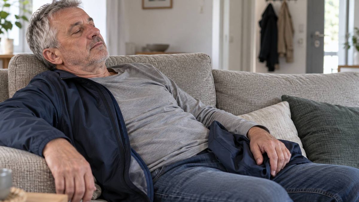 Mann ruht mit halb angezogener Jacke und geschlossenen Augen auf einem Sofa.