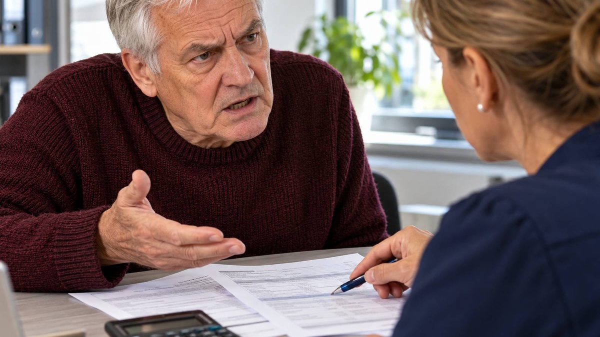 Älterer Mann diskutiert mit einer Beraterin und gestikuliert über zwei Rentenberechnungen.