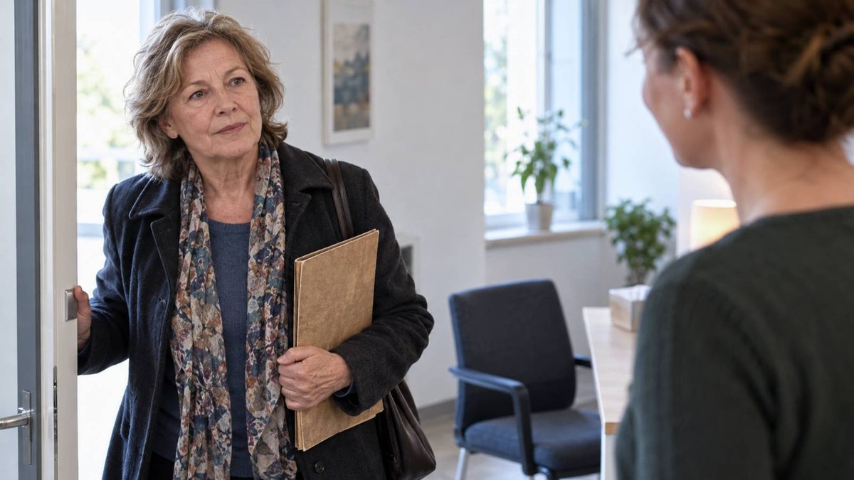 Frau mit Aktenmappe betritt einen Untersuchungsraum zur erneuten Begutachtung ihrer Erwerbsminderungsrente.