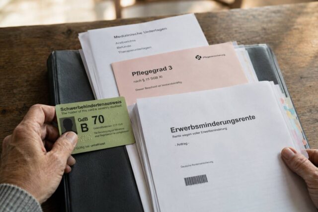 Hände halten einen Schwerbehindertenausweis (GdB 70) neben Rentenantragsunterlagen und einem Pflegegrad-Bescheid auf einem Schreibtisch.