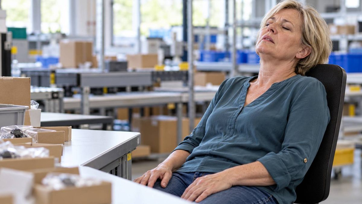 Frau lehnt sich mit geschlossenen Augen erschöpft am Arbeitsplatz im Stuhl zurück.