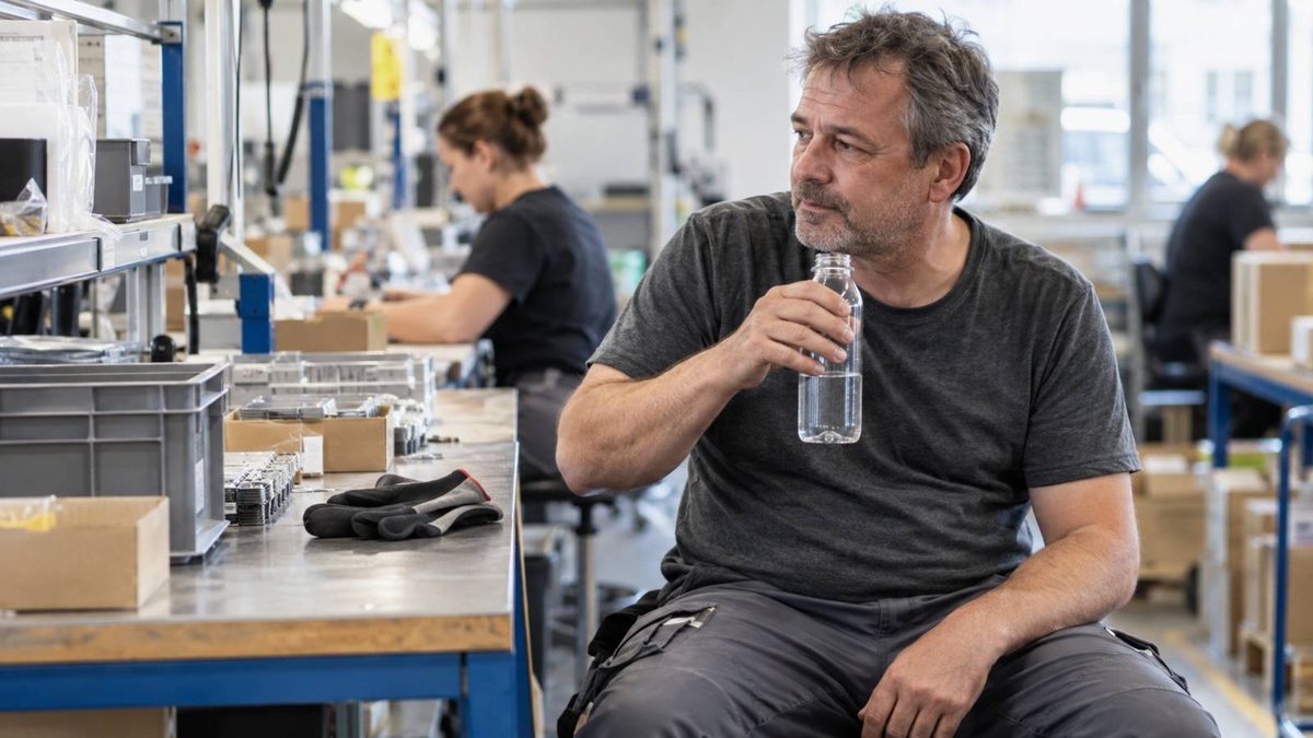 Erschöpfter Arbeiter mit Wasserflasche während einer zusätzlichen Pause am Arbeitsplatz