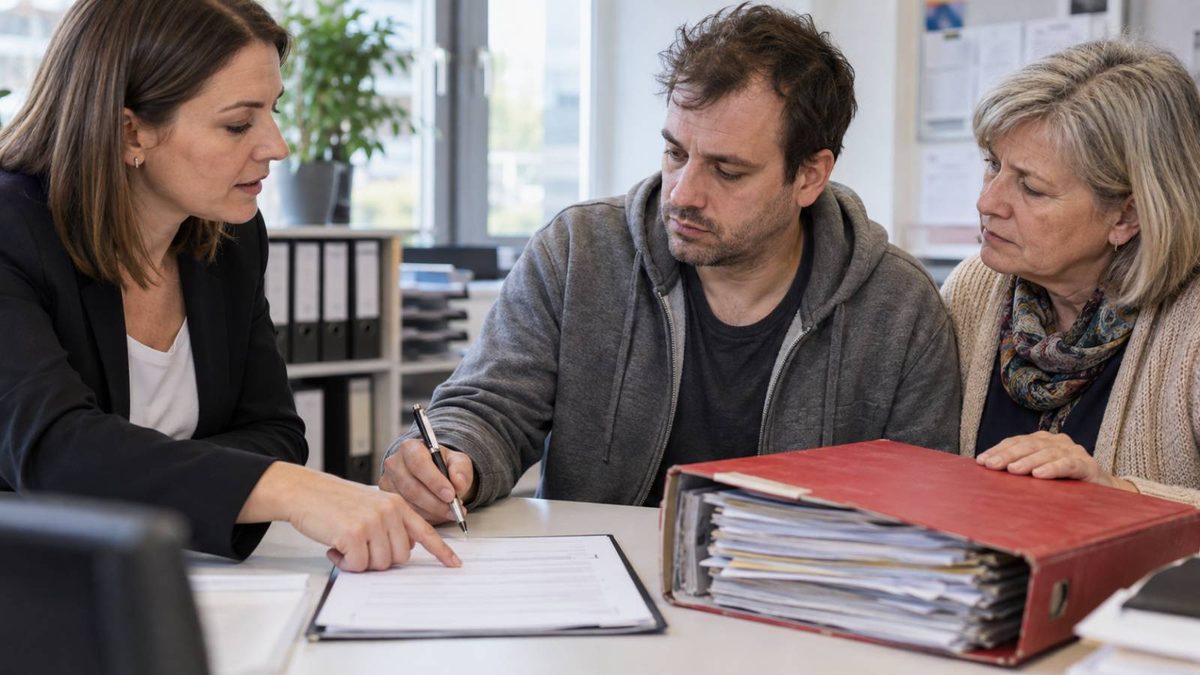 Mann bespricht mit einer Beraterin und einer älteren Frau Unterlagen zur Erwerbsminderungsrente.
