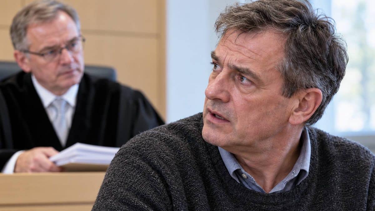 Nahaufnahme eines angespannt blickenden Mannes im Gerichtssaal, im Hintergrund ein Richter mit Unterlagen.
