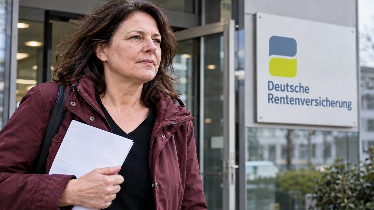 Frau mit einem Schreiben vor dem Eingang der Deutschen Rentenversicherung.