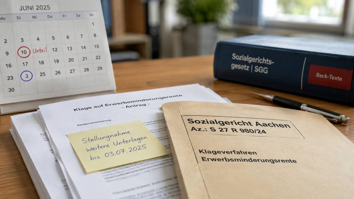 Schreibtisch mit Kalender, Fristnotiz und Aktendeckel zur Klage auf Erwerbsminderungsrente neben dem Sozialgerichtsgesetz