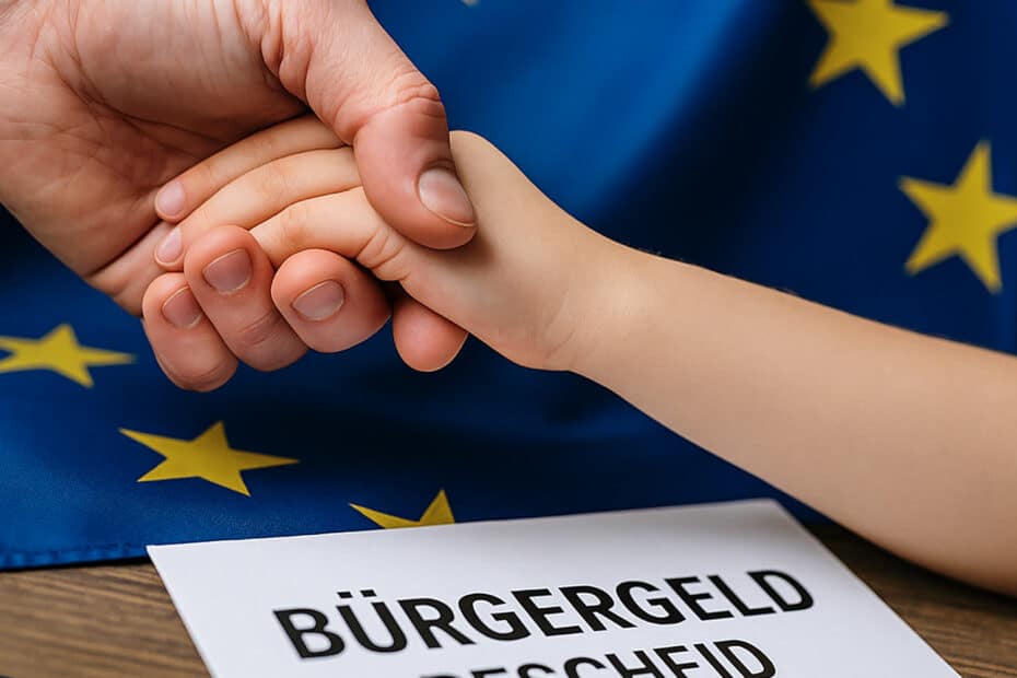 Vater hält hat seines minderjährigen Kindes. Im Hintergrund eine EU-Flagge. Im Vordergrund ein Schriftstück mit Aufschrift "Bürgergeld Bescheid"