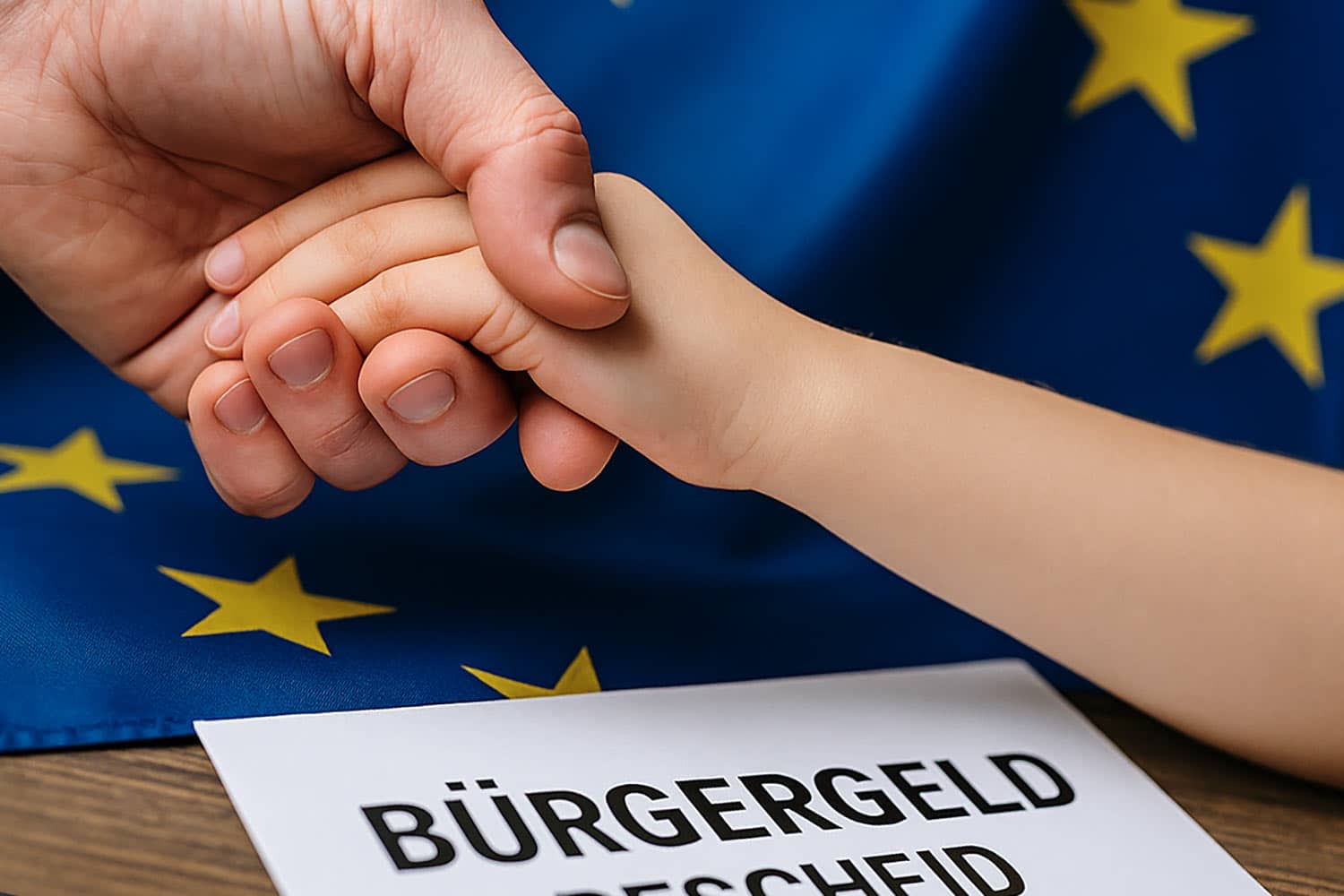 Vater hält hat seines minderjährigen Kindes. Im Hintergrund eine EU-Flagge. Im Vordergrund ein Schriftstück mit Aufschrift "Bürgergeld Bescheid"