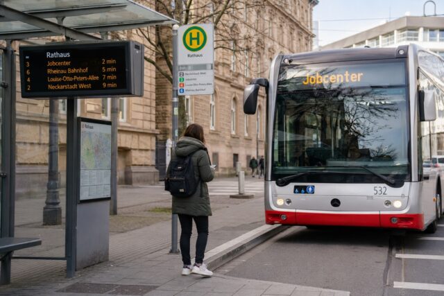 Bus an einer Haltestelle mit Zielanzeige Jobcenter als Symbol für erstattungsfähige Fahrtkosten
