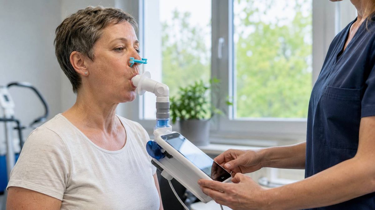 Frau absolviert nach einer Lungentumor-Behandlung einen Atemtest in einer pneumologischen Praxis.