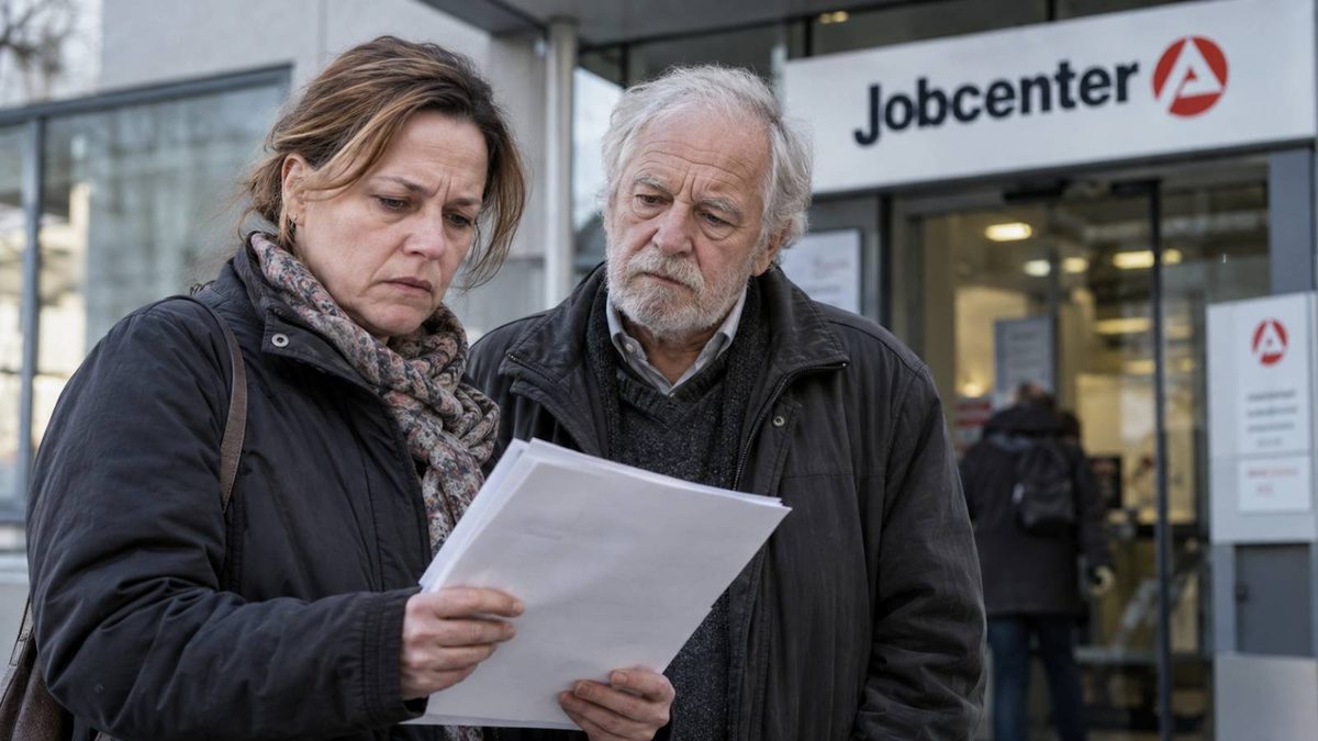 Frau und ihr älterer Vater stehen mit Unterlagen vor einem Jobcenter und blicken besorgt auf die Schreiben.