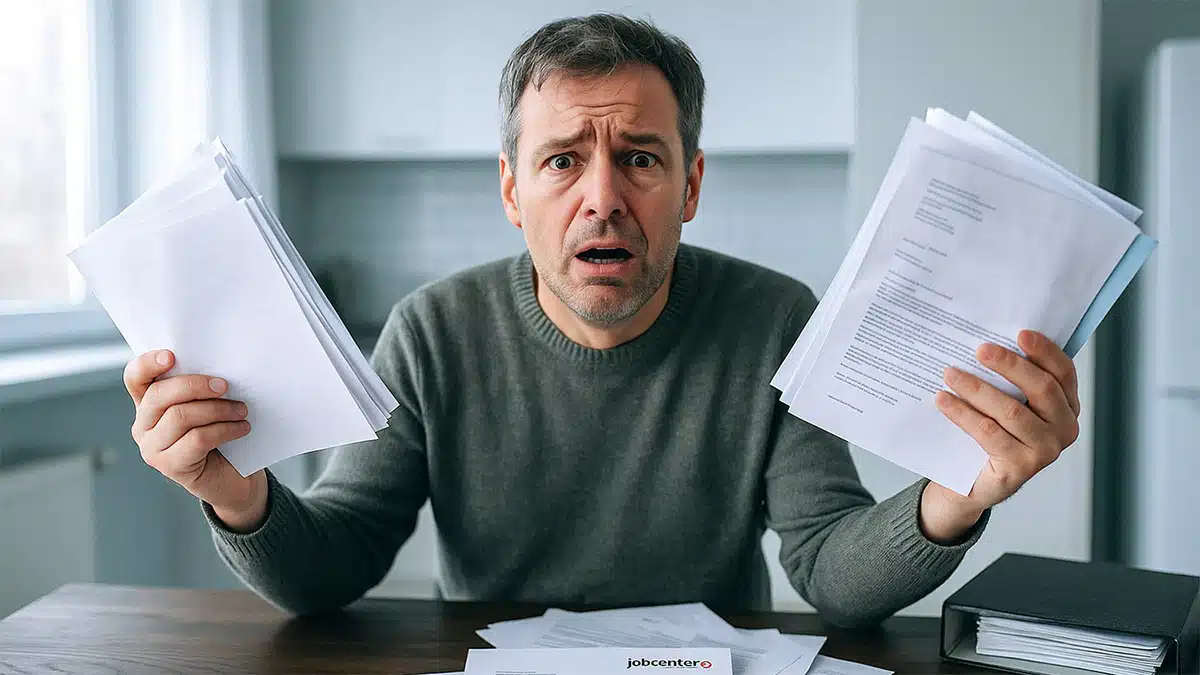 Mann mit Bürgergeld-Ablehnung und Stapel von Unterlagen; Landessozialgericht kritisiert Jobcenter scharf wegen unnötig geforderter Nachweise.