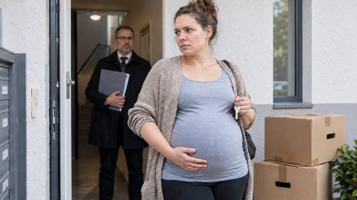 Hochschwangere Frau mit Wohnungsschlüssel und Umzugskartons vor ihrer Wohnungstür, im Hintergrund steht ein Gerichtsvollzieher.